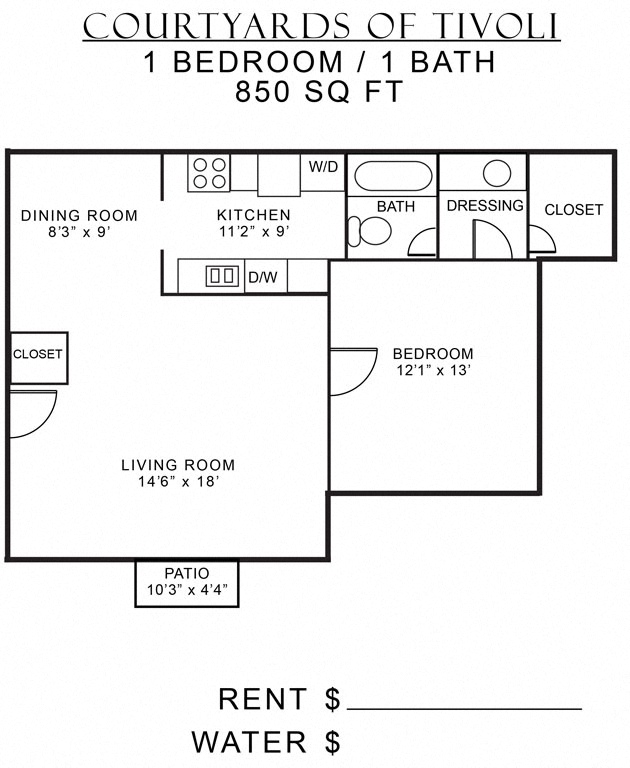 Floor plan for 1 bed, 1 bath, 850 sqft
